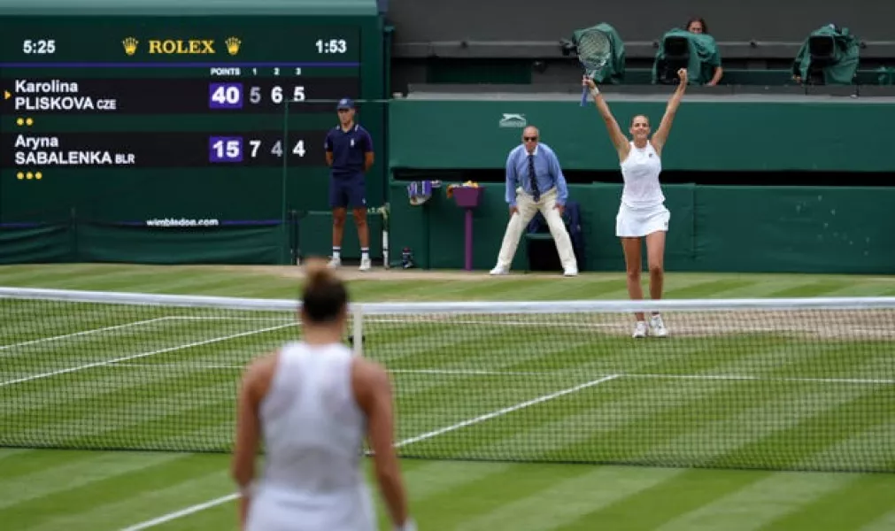 Karolina Pliskova celebrates victory against Aryna Sabalenka 