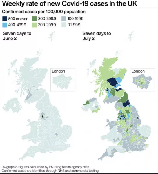 Weekly rate of new Covid-19 cases in the UK