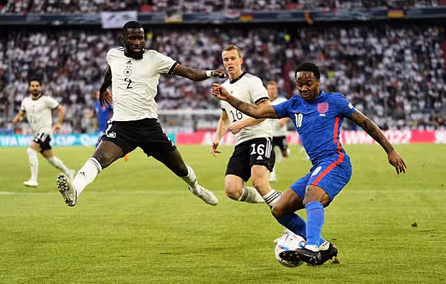 Germany’s Antonio Rudiger (left) and England’s Raheem Sterling battle for the ball during the UEFA Nations League match at the Allianz Arena in Munich, Germany. Picture date: Tuesday June 7, 2022.