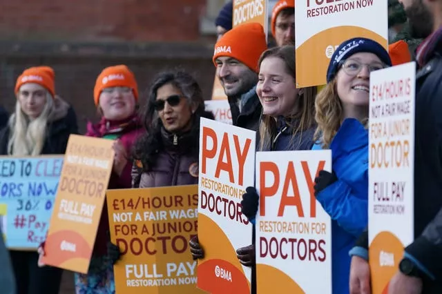 Striking NHS junior doctors on the picket line outside Leicester Royal Infirmary