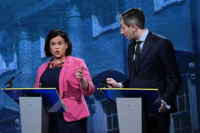 Sinn Fein leader Mary Lou McDonald and Taoiseach and Fine Gael leader Simon Harris during the final TV leaders’ debate at RTE studios in Donnybrook, Dublin