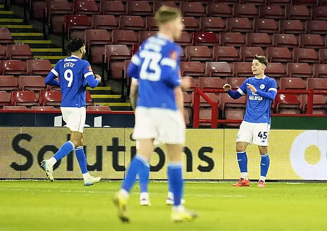 Cardiff's Cian Ashford (right) celebrates scoring in the FA Cup at Sheffield United