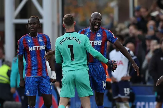 Crystal Palace’s Jean-Philippe Mateta (right) and Dean Henderson celebrate after the game