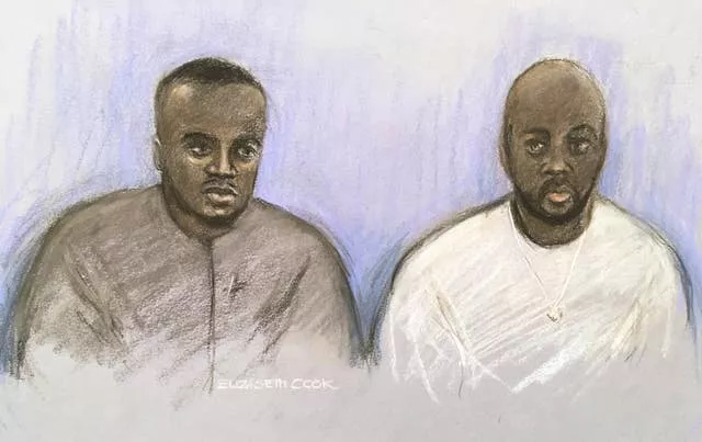 Court artist sketch of Manchester City defender Benjamin Mendy (left) and Louis Saha Matturie 