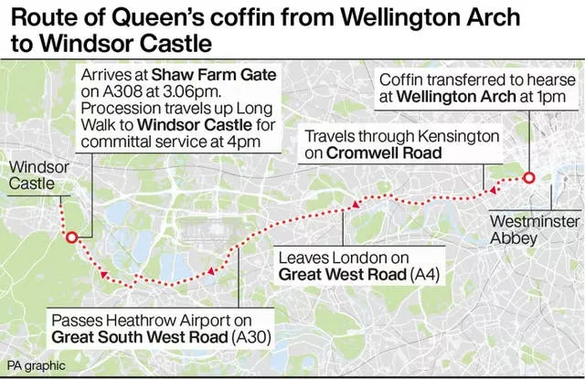 Route of Queen’s coffin from Wellington Arch to Windsor Castle