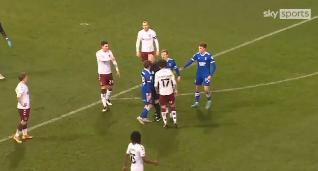 Referee Darren Drysdale embroiled in confrontation with Ipswich�s Alan Judge