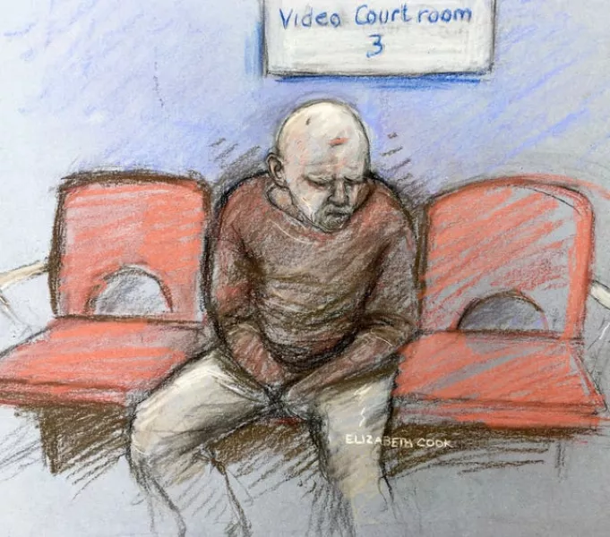 Court artist sketch by Elizabeth Cook of serving police constable Wayne Couzens, as he starts to slump in his seat whilst making his first appearance at the Old Bailey by video link from Belmarsh top security jail in south London