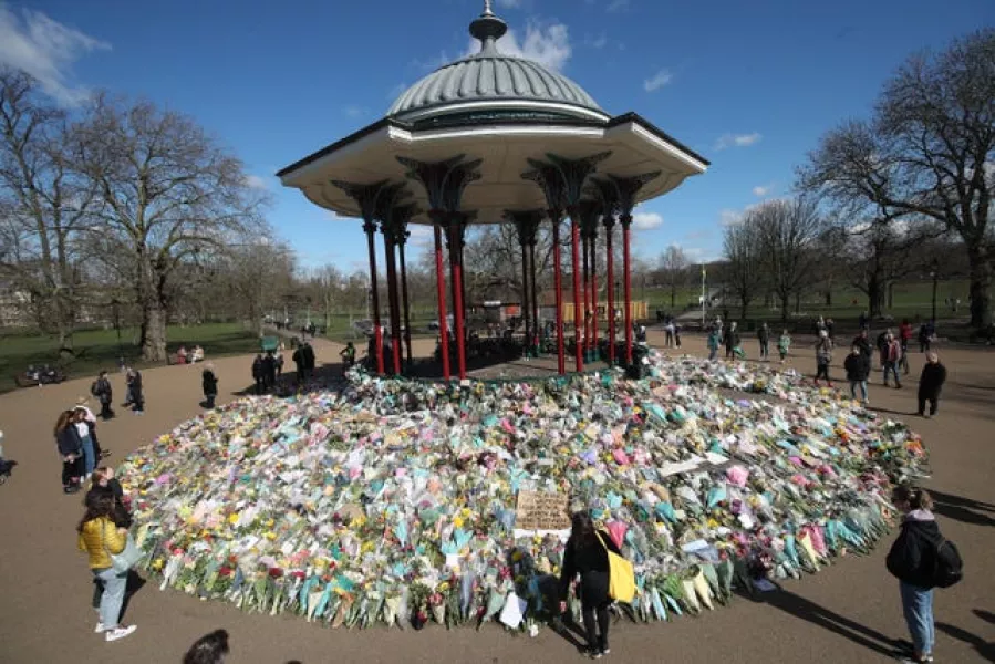 Floral tributes at the bandstand in Clapham Common, London, for Sarah Everard 