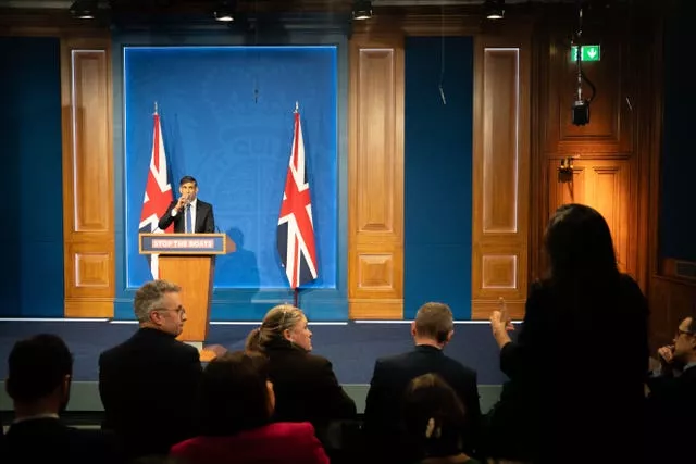 Prime Minister Rishi Sunak during a press conference in the Downing Street Briefing Room
