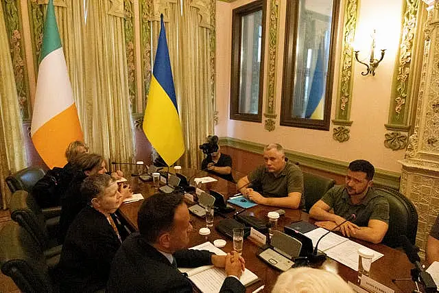 Taoiseach Leo Varadkar, bottom left, and Ukraine’s President Volodymyr Zelensky, right, during a meeting at Horodetskyi House in Kyiv, Ukraine 