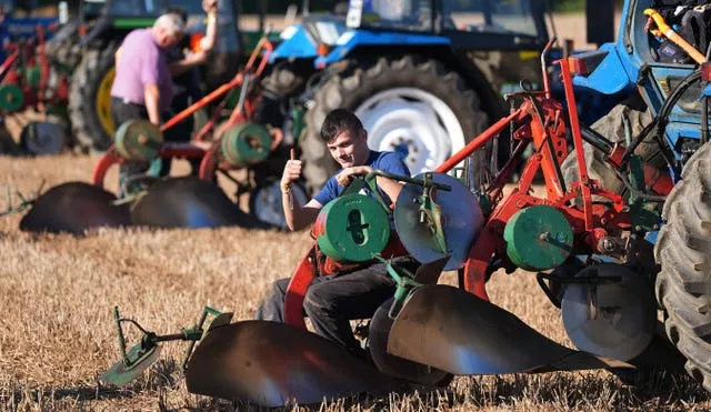 William O’Connell gives a thumbs-up as he takes part in the Ploughing Championships