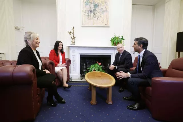First Minister Michelle O’Neill, left to right, deputy First Minister Emma Little-Pengelly, Northern Ireland Secretary Chris Heaton-Harris and Prime Minister Rishi Sunak during a meeting at Stormont Castle, Belfast