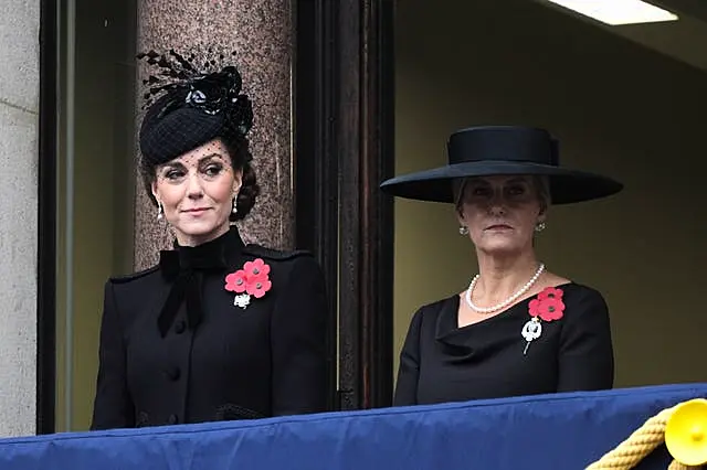 The Princess of Wales and the Duchess of Edinburgh on a balcony at the Foreign, Commonwealth and Development Office (FCDO) during the Remembrance Sunday service at the Cenotaph in London.