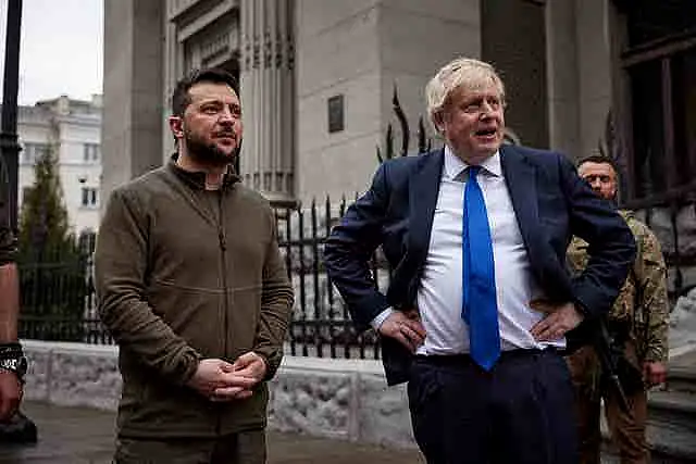 Ukraine Government handout photo dated 09/04/22 of Prime Minister Boris Johnson with President of Ukraine Volodymyr Zelensky, during his visit to Kyiv the Ukrainian capital