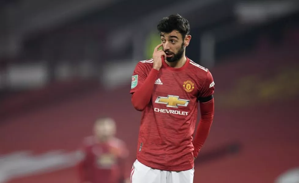 Manchester United midfielder Bruno Fernandes looks pensive