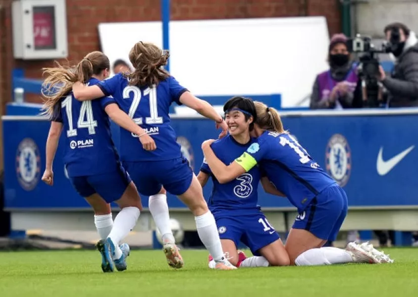 Chelsea’s Ji So-yun is congratulated after scoring her side's second goal
