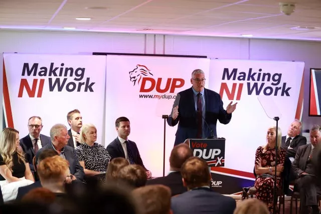 DUP leader Gavin Robinson speaking during the launch the party’s manifesto