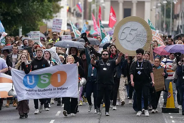 Students take part in a march and rally to highlight the accommodation crisis, at Merrion Square, Dublin, ahead of the budget