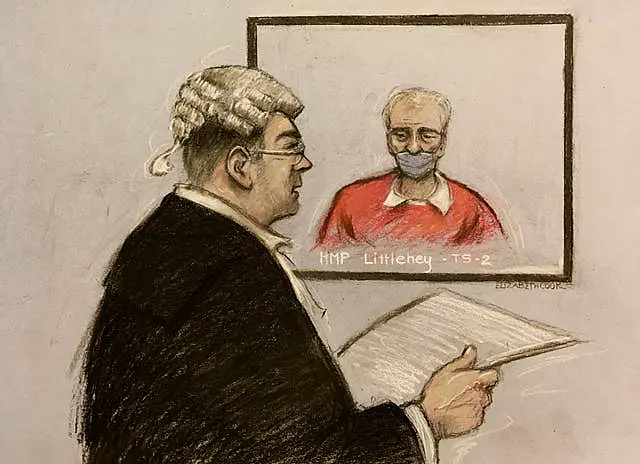 Court artist sketch by Elizabeth Cook of Barry Bennell being questioned via video link at the High Court in London