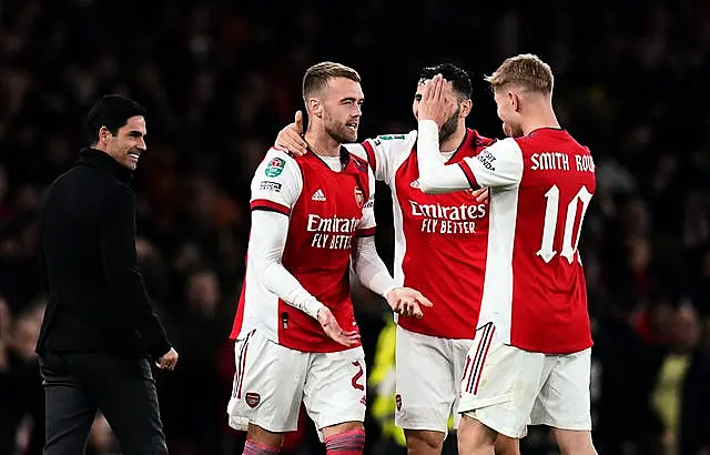 Mikel Arteta celebrates with his Arsenal players