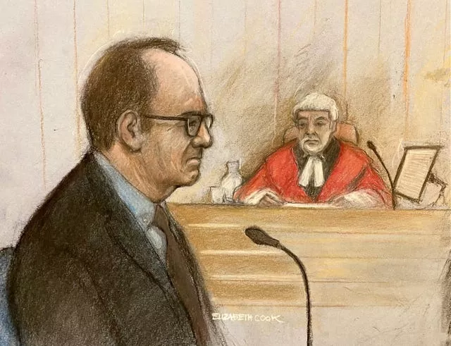 Court artist sketch by Elizabeth Cook of actor Kevin Spacey
