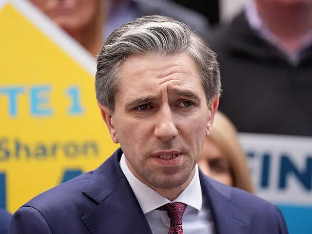 Simon Harris in front of election posters