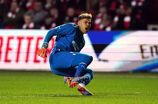 Ederson reacts after a collision with Bristol City’s Sam Bell