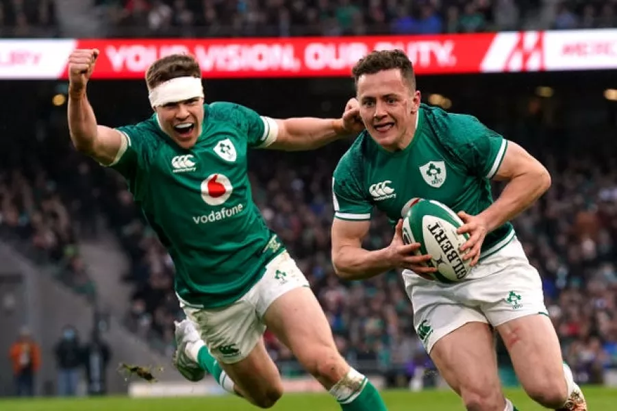 Michael Lowry, right, claimed two of Ireland's nine tries