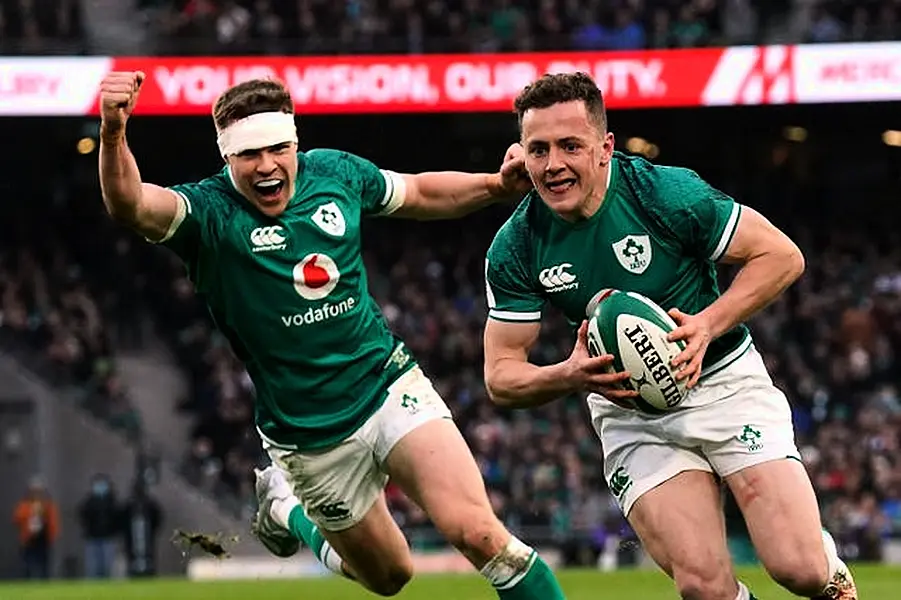 Michael Lowry, right, claimed two of Ireland's nine tries