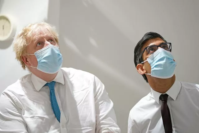 Boris Johnson, then prime minister, and Rishi Sunak, then chancellor, during a visit to the Kent Oncology Centre at Maidstone Hospital in February 2022 