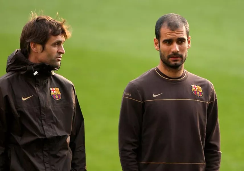 Pep Guardiola (right) and assistant Tito Vilanova, who had his own run-in with Mourinho