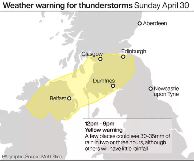 Weather warning for thunderstorms Sunday April 30