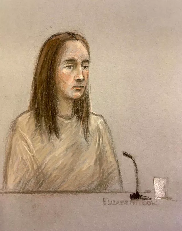 Court artist sketch by Elizabeth Cook of Lucy Letby appearing via video link in court