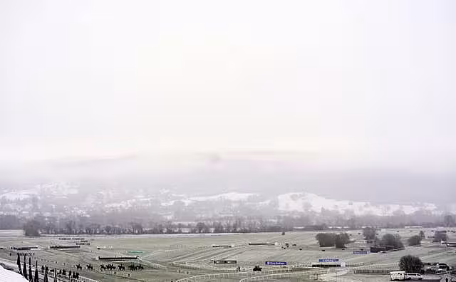 A wide shot of a frost-covered Cheltenham Racecourse