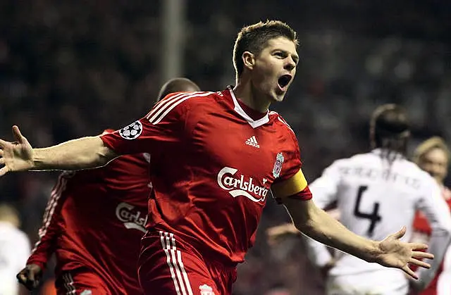 Liverpool’s Steven Gerrard celebrates scoring against Real Madrid in 2009