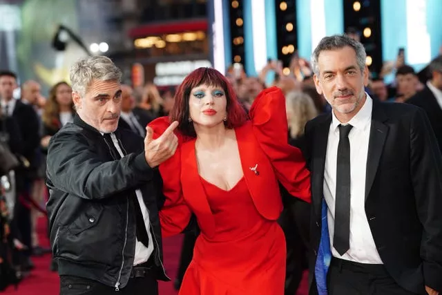 Joaquin Phoenix, Lady Gaga, and Todd Phillips at the UK premiere of Joker: Folie A Deux