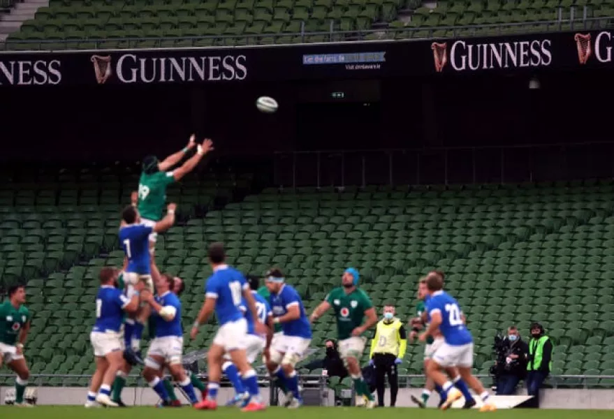 Empty seats in the stands as Ireland win a line out during the Six Nations match at the Aviva Stadium, Dublin