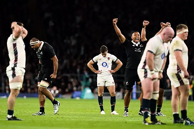 England’s George Ford reacts to missing a drop goal attempt against New Zealand