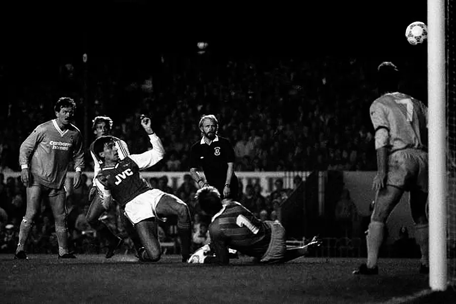 Alan Smith, centre left, scores Arsenal’s second goal in the 3-0 win over Bournemouth in October 1987