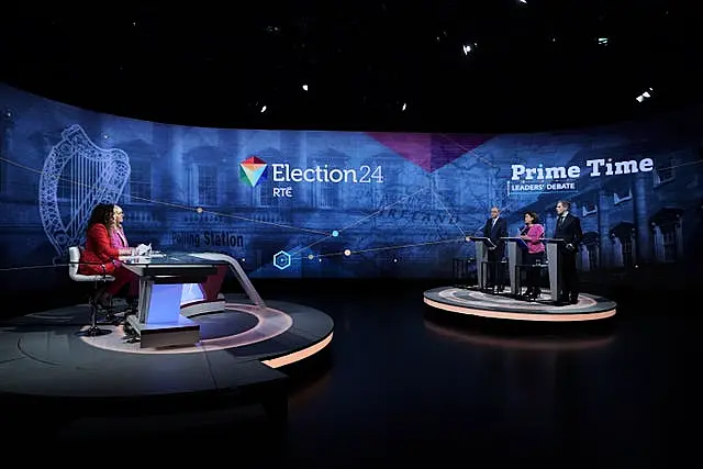 Tanaiste and Fianna Fail leader Micheal Martin, Sinn Fein leader Mary Lou McDonald and Taoiseach and Fine Gael leader Simon Harris with presenters Miriam O’Callaghan and Sarah McInerney during the final TV leaders’ debate at RTE studios in Donnybrook, Dublin