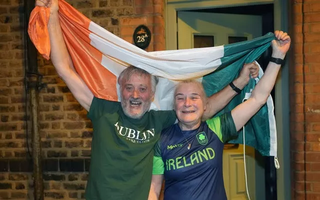 Kellie Harrington’s parents Yvonne and Christy Harrington celebrate in Dublin