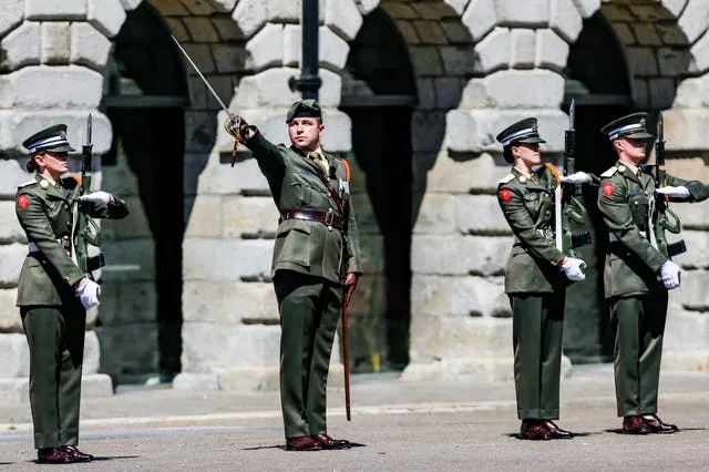 Members of the Defence forces on parade during the National Day of Commemoration Ceremony, held to honour all Irishmen and Irishwomen who died in past wars or on service with the United Nations, at Collins Barracks in Dublin