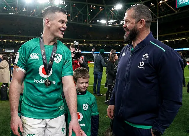 Johnny Sexton, left, and Andy Farrell celebrate winning the 2023 Guinness Six Nations