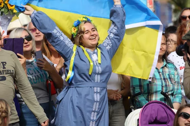Anna Nedosekina, who travelled to Ireland in March, attends a family day event in Mountjoy Square, Dublin, to honour Ukraine’s Independence Day 
