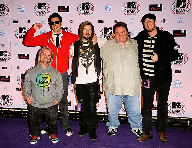 (left to right) Jason ‘Wee-Man’ Acuna, Johnny Knoxville, Bam Margera, Preston Lacy and Ehren McGhehey of Jackass arriving for the 2010 MTV Europe Music Awards, at the Caja Magica, Manzanares Park, Madrid, Spain.