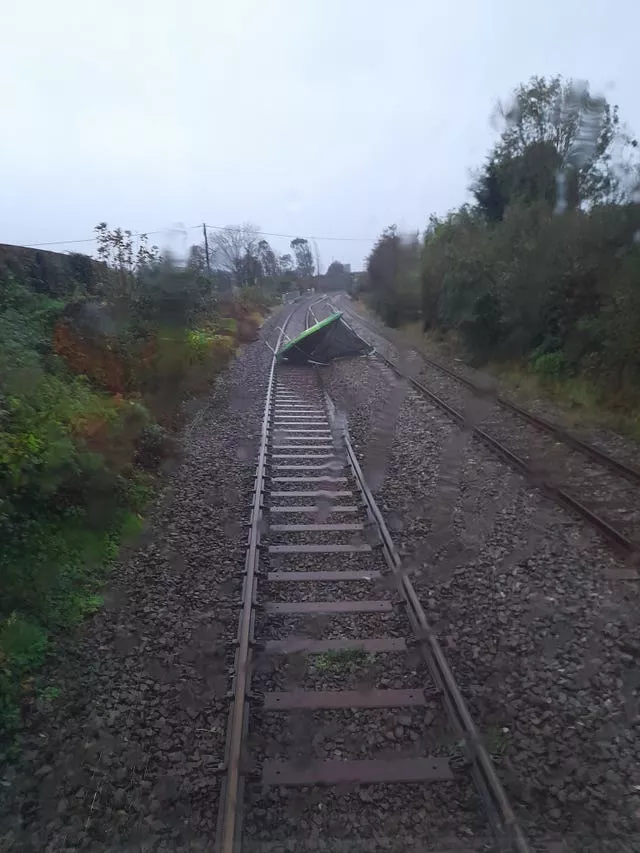 A trampoline blown onto rail tracks in Trewoon, near to St Austell in Cornwall