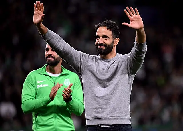 Ruben Amorim holds both hands up to salute the Sporting Lisbon fans