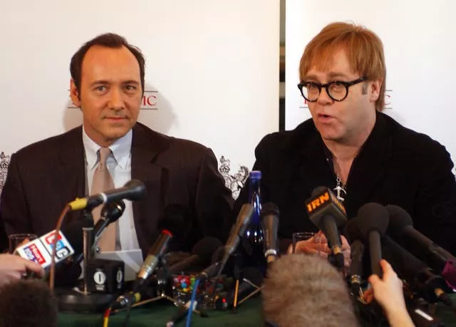 Kevin Spacey and Sir Elton John during a press conference at the Old Vic Theatre in 2003