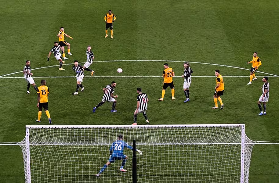 Raul Jimenez, top left, fires Wolves ahead