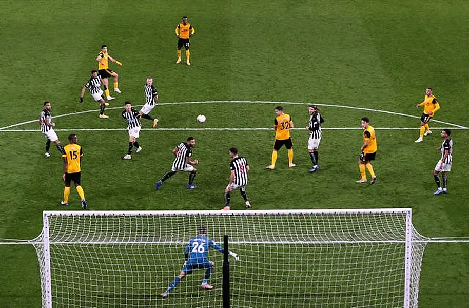 Raul Jimenez, top left, fires Wolves ahead